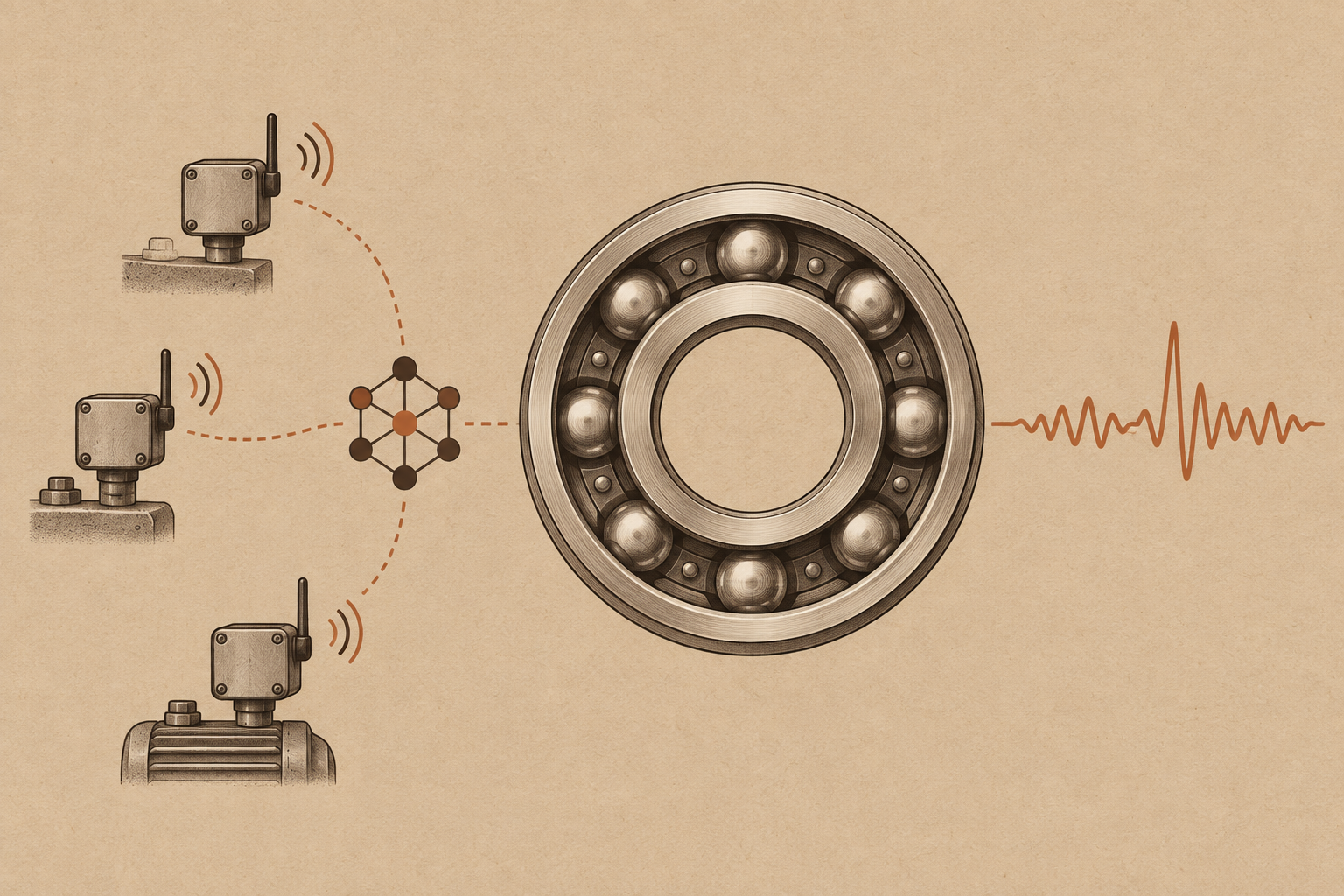 Illustration of a ball bearing connected to edge sensors and a fault signal.
