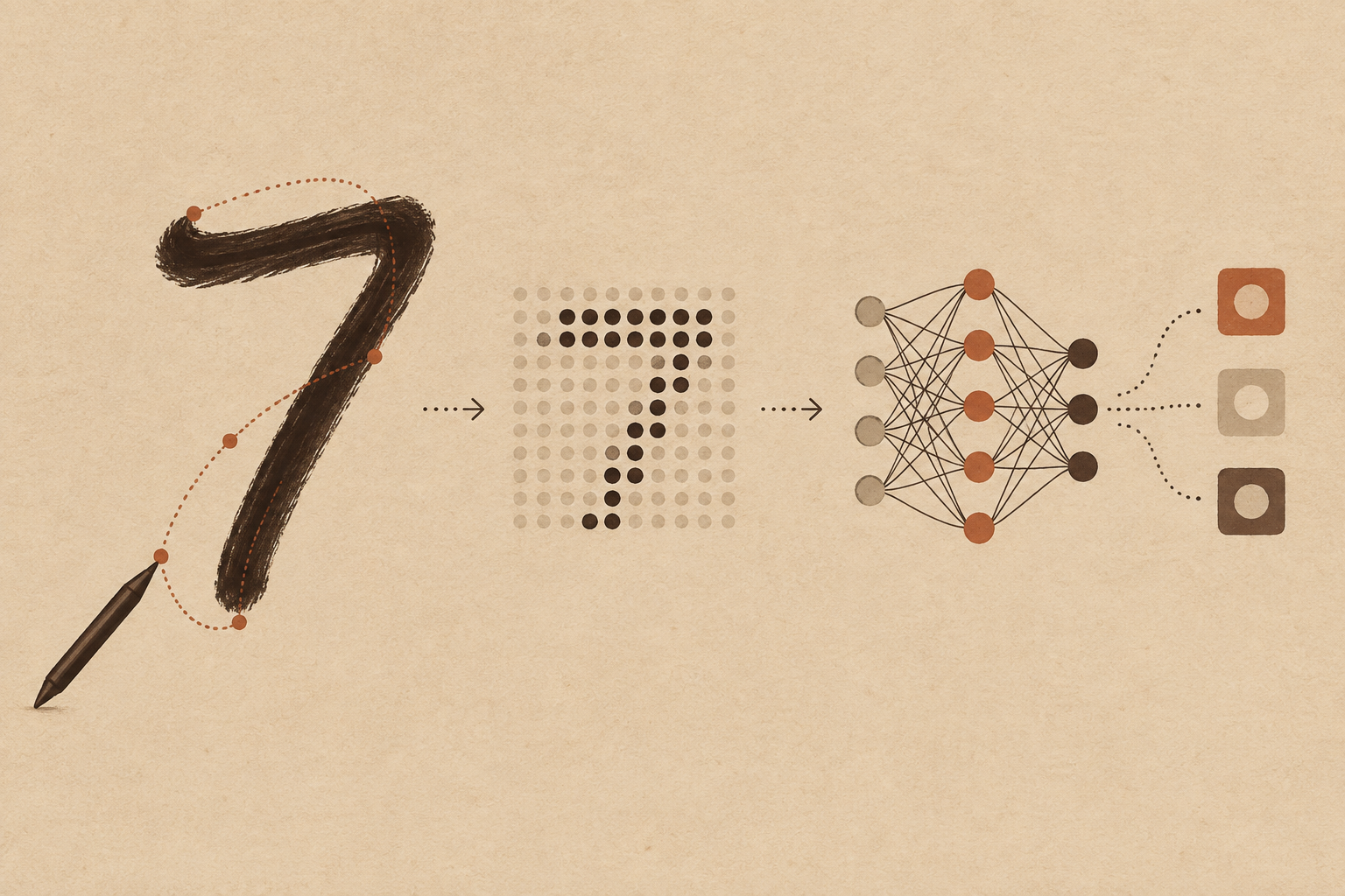 Illustration of a handwritten digit flowing through a neural network.